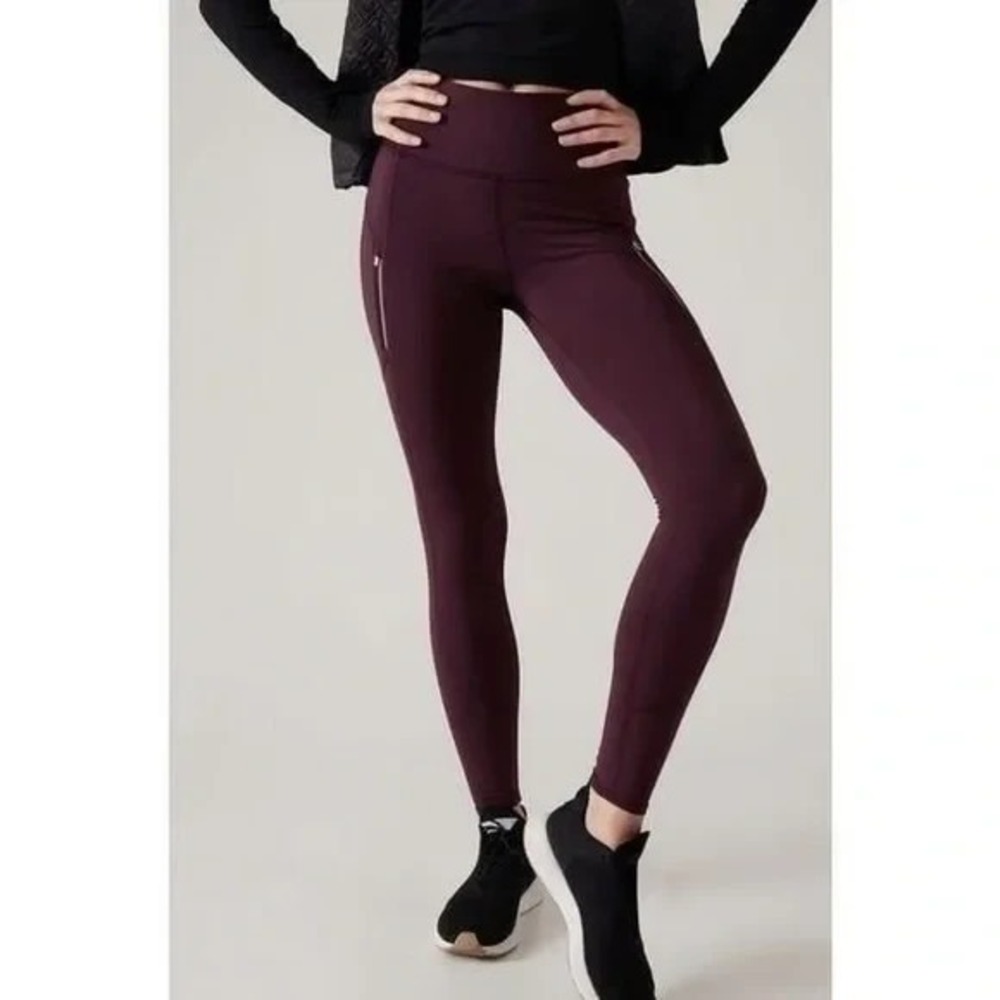 Athleta Rainier Tight Womens Large Burgundy High Rise Cold Weather Reflective